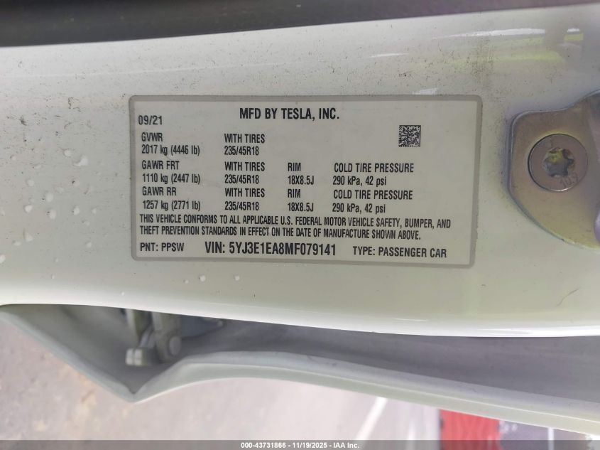 2021 Tesla Model 3 Standard Range Plus Rear-Wheel Drive VIN: 5YJ3E1EA8MF079141 Lot: 43731866