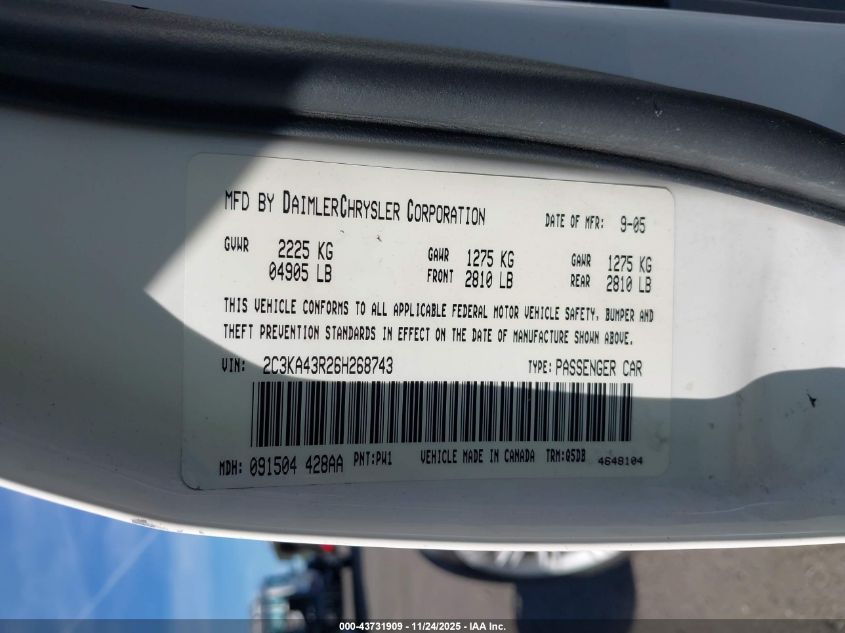 2006 Chrysler 300 VIN: 2C3KA43R26H268743 Lot: 43731909