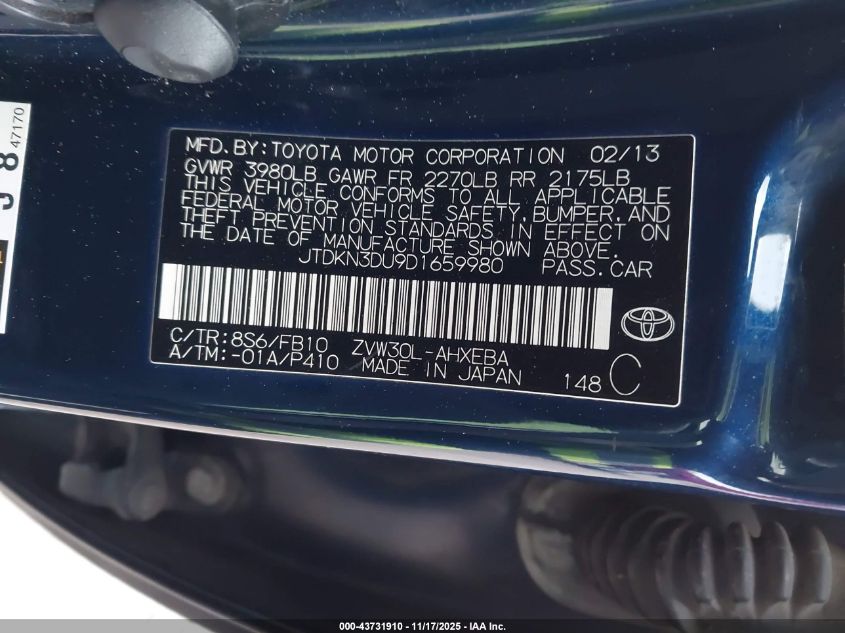 2013 Toyota Prius Three VIN: JTDKN3DU9D1659980 Lot: 43731910