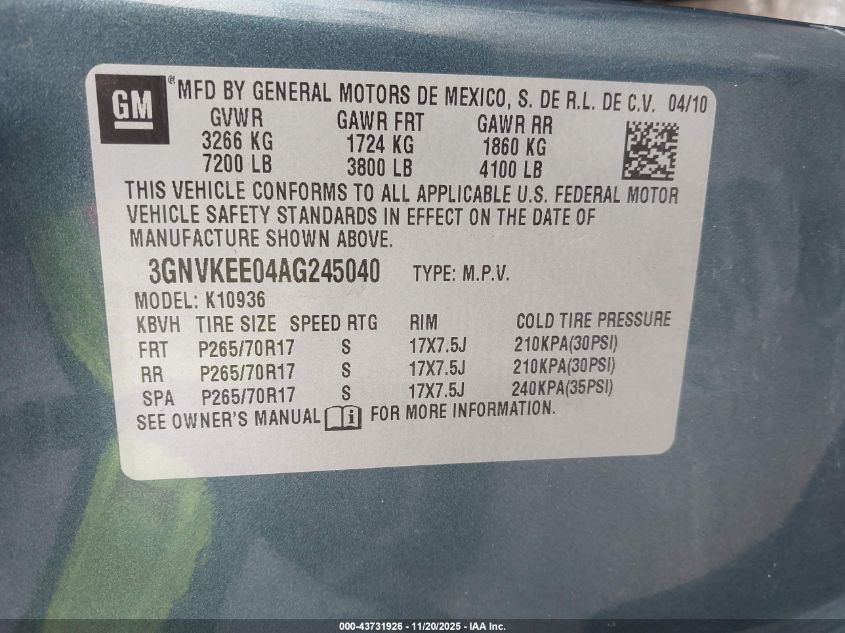 2010 Chevrolet Avalanche 1500 Ls VIN: 3GNVKEE04AG245040 Lot: 43731926