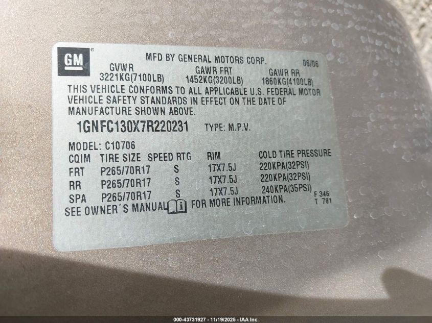 2007 Chevrolet Tahoe Lt VIN: 1GNFC130X7R220231 Lot: 43731927