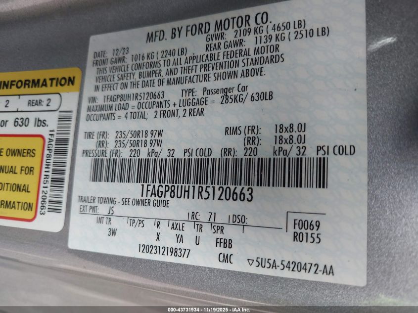 2024 Ford Mustang Ecoboost Premium VIN: 1FAGP8UH1R5120663 Lot: 43731934