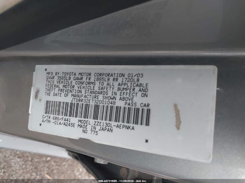 2003 Toyota Corolla Le VIN: JTDBR32E732001048 Lot: 43731959