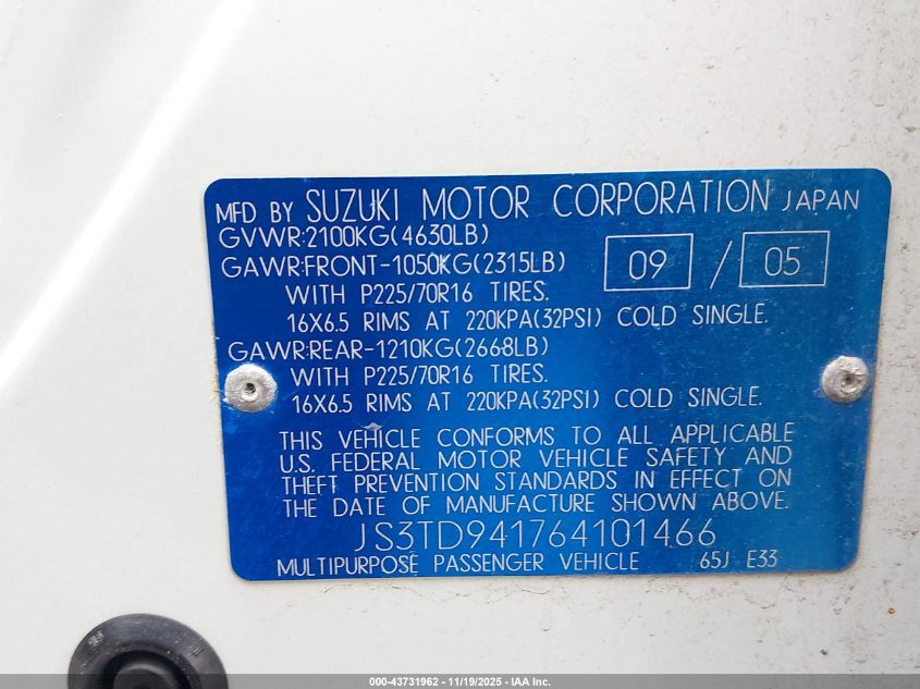 2006 Suzuki Grand Vitara VIN: JS3TD941764101466 Lot: 43731962