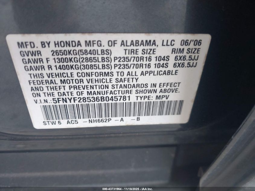 2006 Honda Pilot Ex-L VIN: 5FNYF28536B045781 Lot: 43731964
