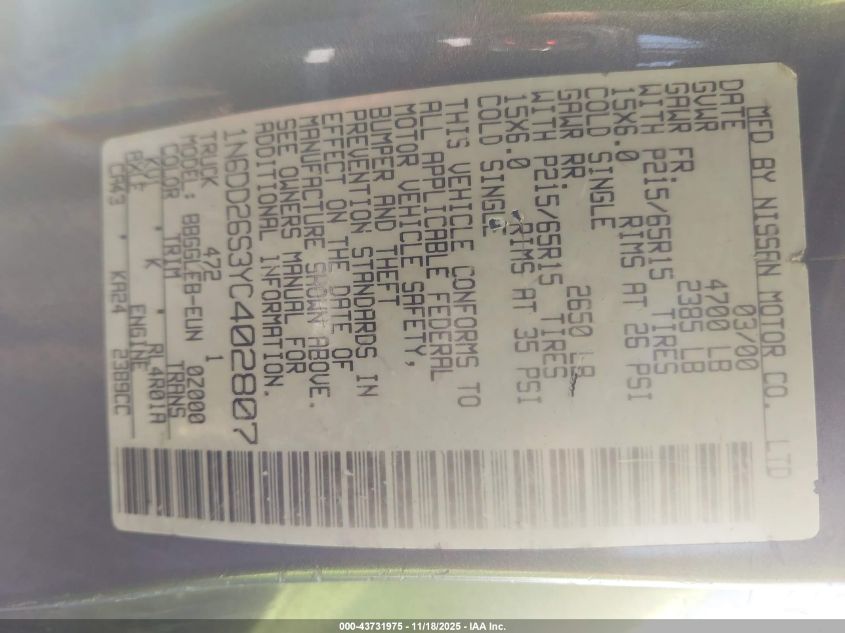 2000 Nissan Frontier Xe VIN: 1N6DD26S3YC402807 Lot: 43731975