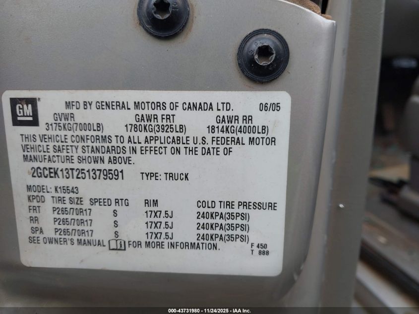 2005 Chevrolet Silverado 1500 Z71 VIN: 2GCEK13T251379591 Lot: 43731980