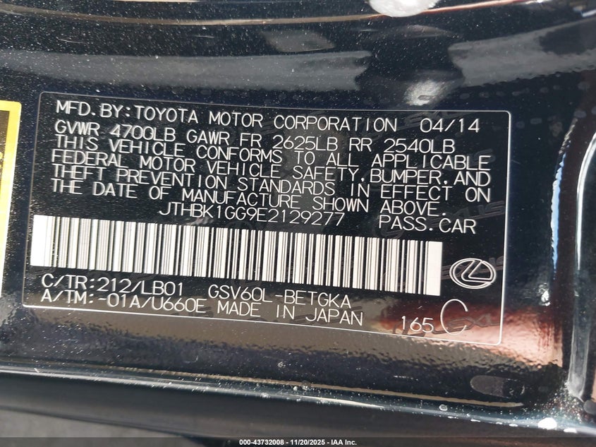JTHBK1GG9E2129277 2014 LEXUS ES photo no. 9