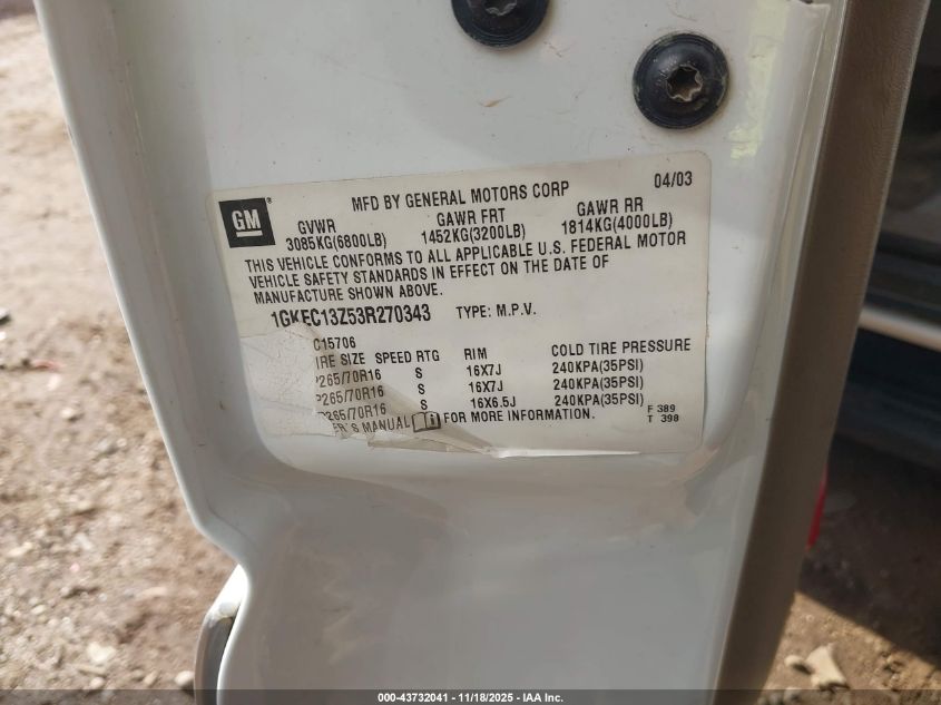 2003 GMC Yukon Slt VIN: 1GKEC13Z53R270343 Lot: 43732041