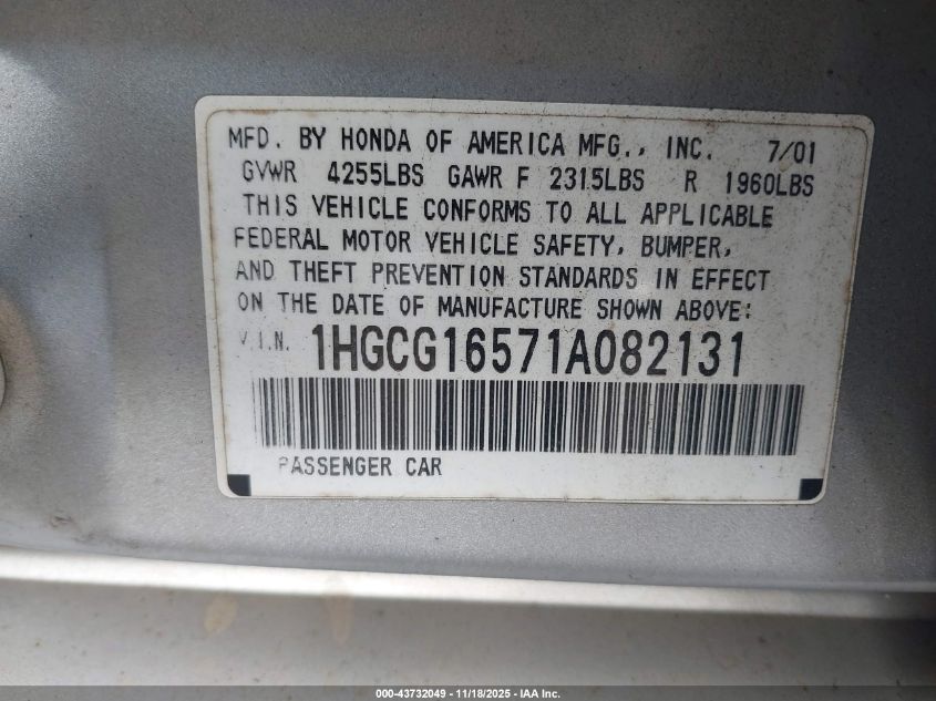 2001 Honda Accord 3.0 Ex VIN: 1HGCG16571A082131 Lot: 43732049
