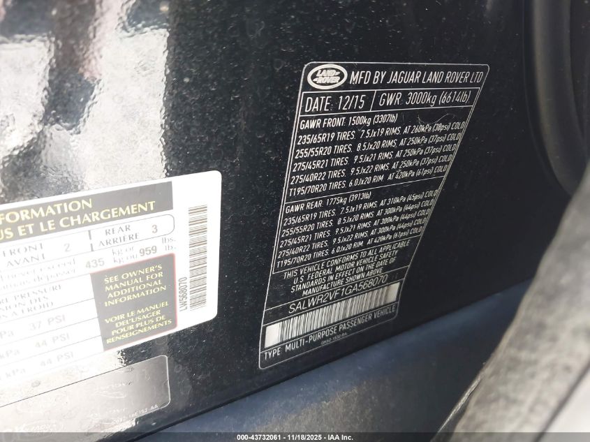 2016 Land Rover Range Rover Sport 3.0L V6 Supercharged Hse VIN: SALWR2VF1GA568070 Lot: 43732061