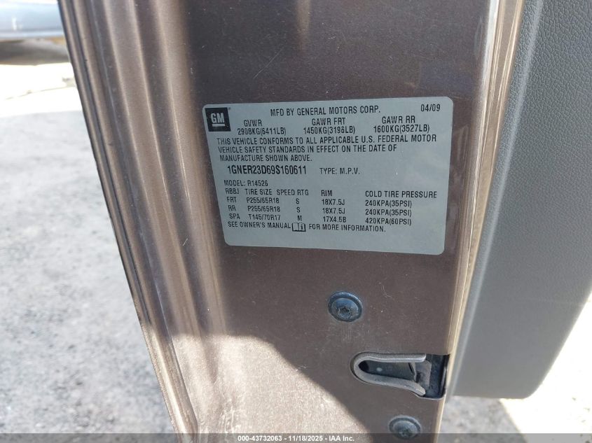 2009 Chevrolet Traverse Lt VIN: 1GNER23D69S160611 Lot: 43732063