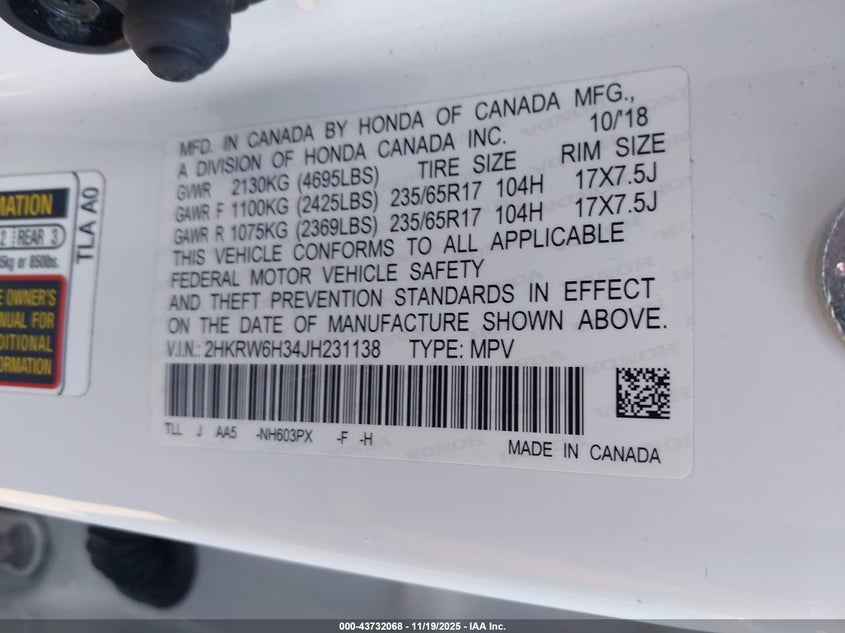 2HKRW6H34JH231138 2018 HONDA CR-V photo no. 9