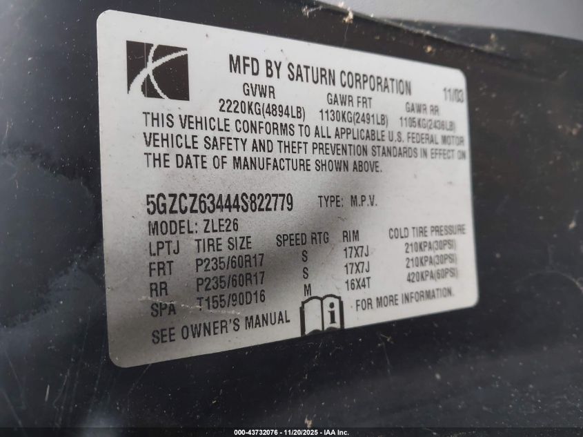 2004 Saturn Vue V6 VIN: 5GZCZ63444S822779 Lot: 43732076