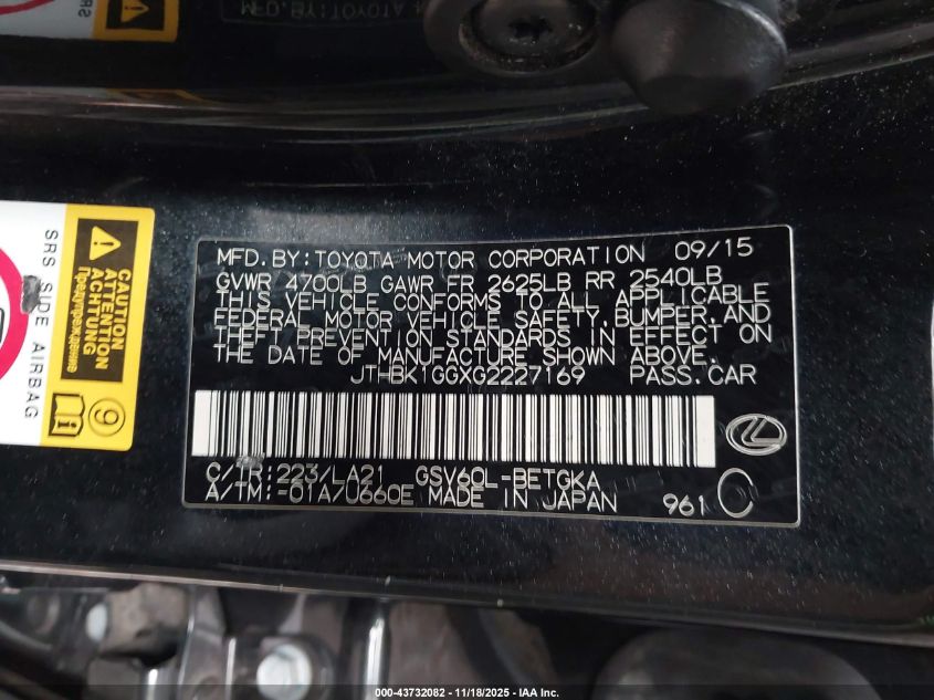 2016 Lexus Es 350 VIN: JTHBK1GGXG2227169 Lot: 43732082