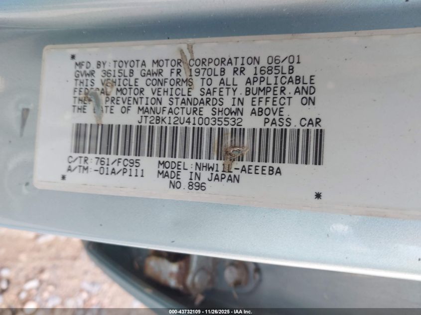 2001 Toyota Prius VIN: JT2BK12U410035532 Lot: 43732109