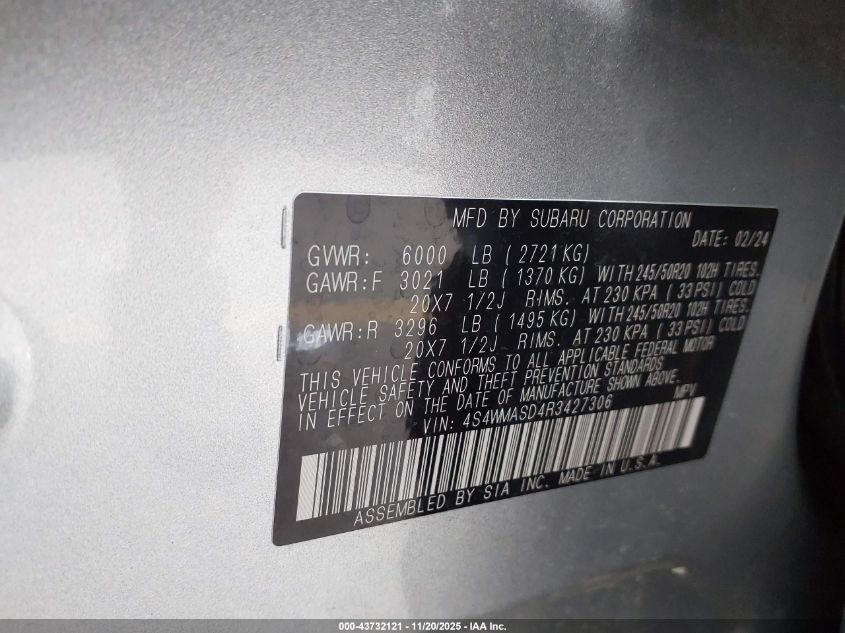 2024 Subaru Ascent Limited 7-Passenger VIN: 4S4WMASD4R3427306 Lot: 43732121
