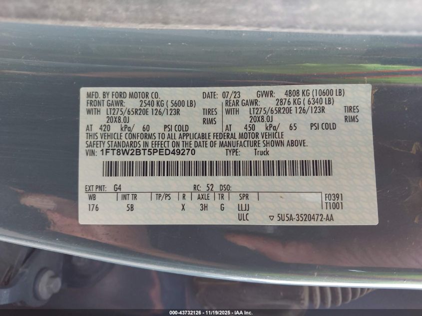 2023 Ford F-250 Lariat VIN: 1FT8W2BT5PED49270 Lot: 43732126