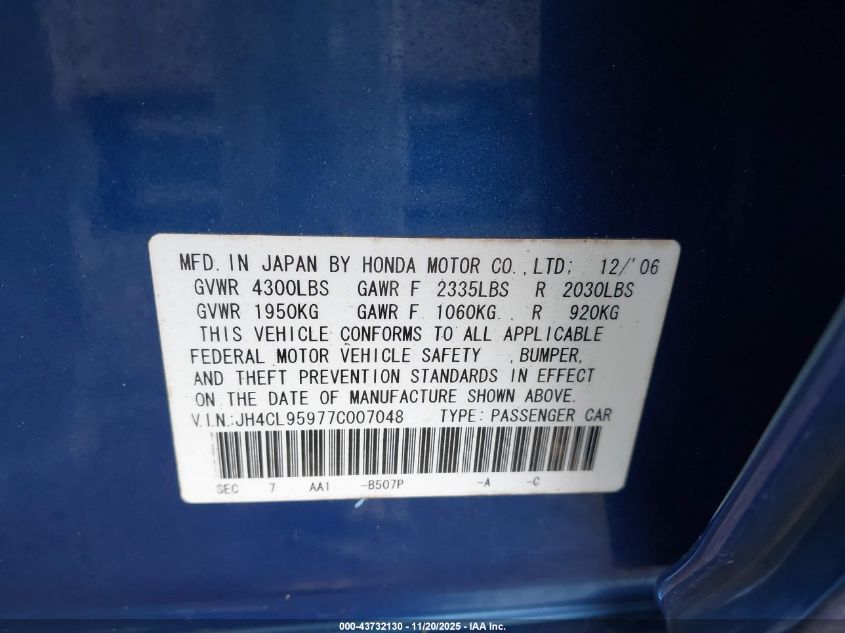 2007 Acura Tsx VIN: JH4CL95977C007048 Lot: 43732130