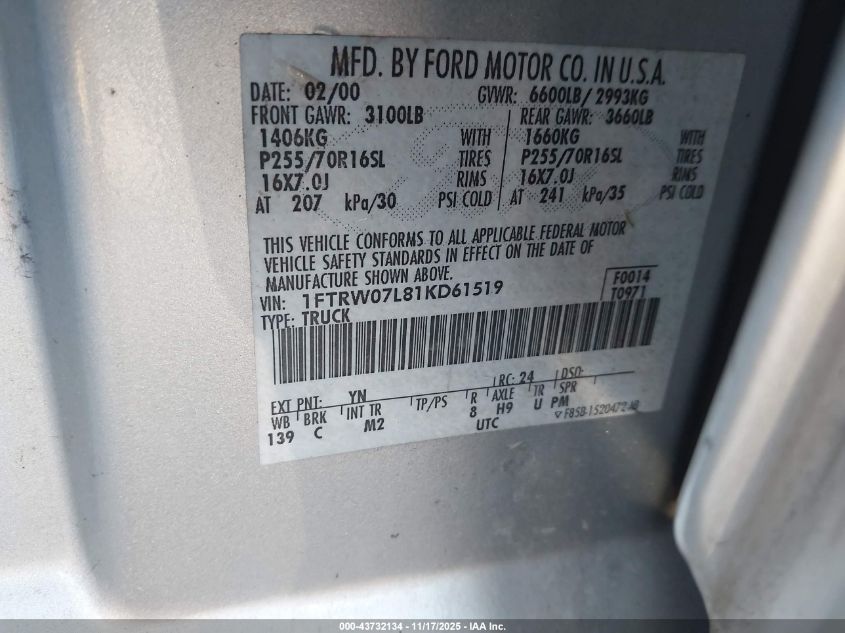 2001 Ford F-150 Harley-Davidson Edition/King Ranch Edition/Lariat/Xlt VIN: 1FTRW07L81KD61519 Lot: 43732134