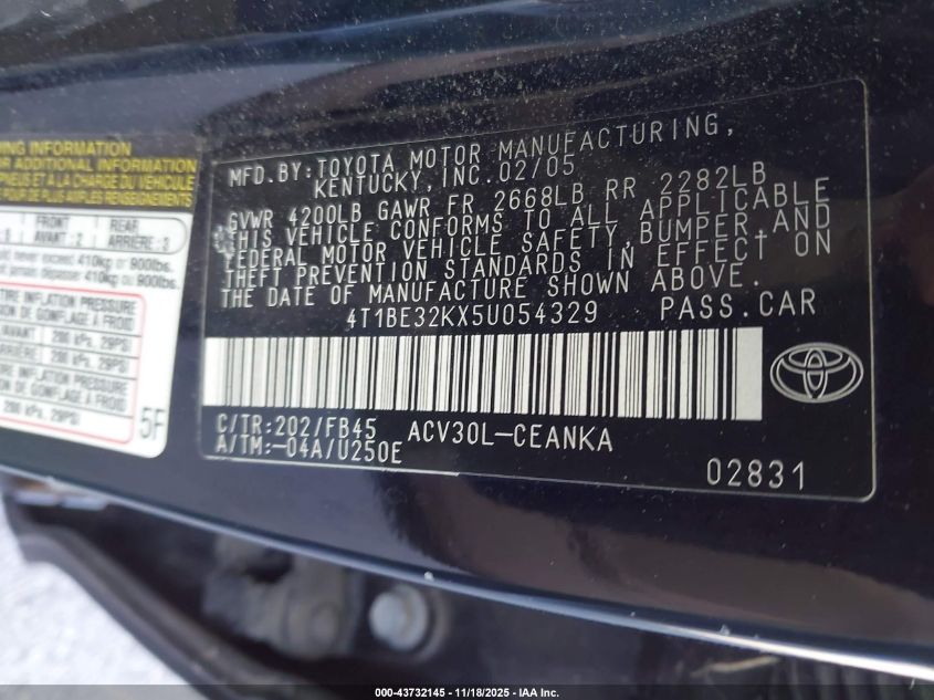 2005 Toyota Camry Le VIN: 4T1BE32KX5U054329 Lot: 43732145