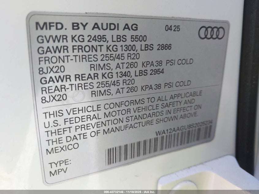2025 Audi All-New Q5 Premium Plus Tfsi Quattro S Tronic VIN: WA12AAGU8S2025234 Lot: 43732146