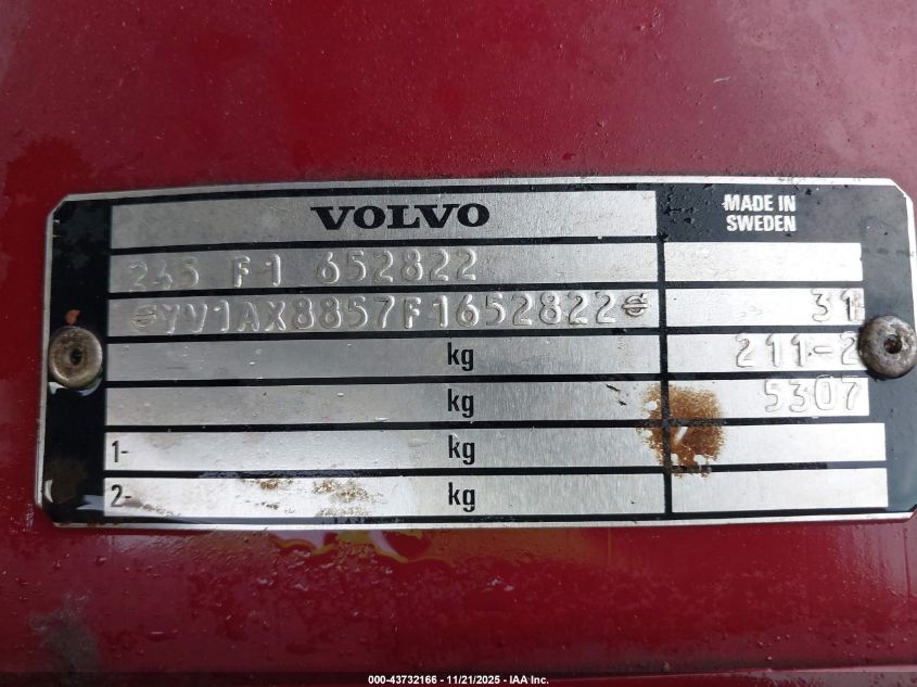 1985 Volvo 245 Dl/Gl VIN: YV1AX8857F1652822 Lot: 43732166