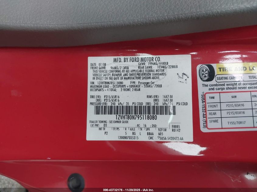 2009 Ford Mustang V6/V6 Premium VIN: 1ZVHT80N795118080 Lot: 43732176