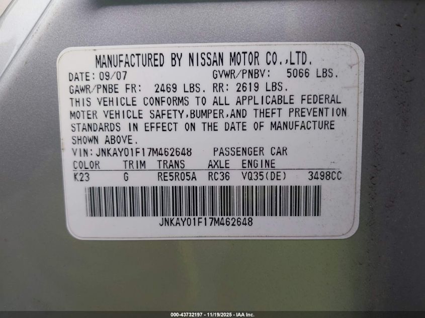 2007 Infiniti M35X VIN: JNKAY01F17M462648 Lot: 43732197