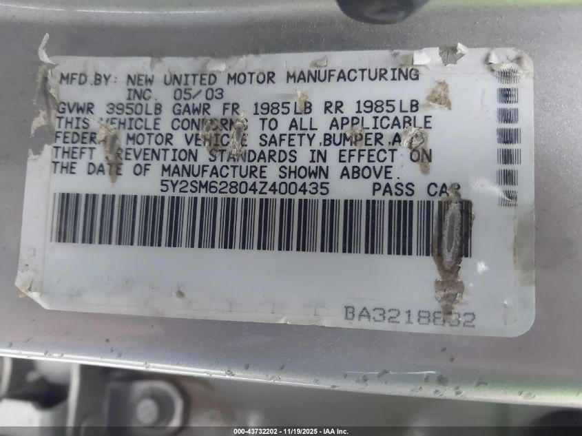 2004 Pontiac Vibe VIN: 5Y2SM62804Z400435 Lot: 43732202