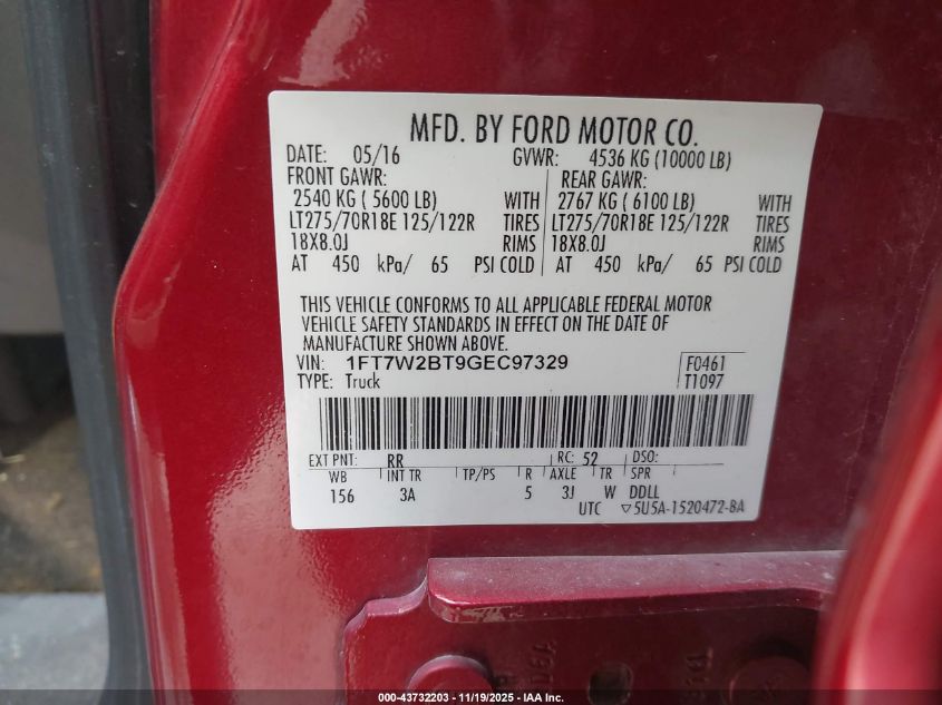 2016 Ford F-250 Xlt VIN: 1FT7W2BT9GEC97329 Lot: 43732203
