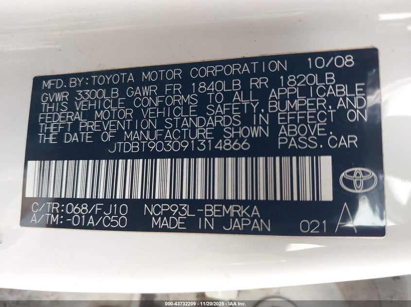 JTDBT903091314866 2009 TOYOTA YARIS photo no. 9