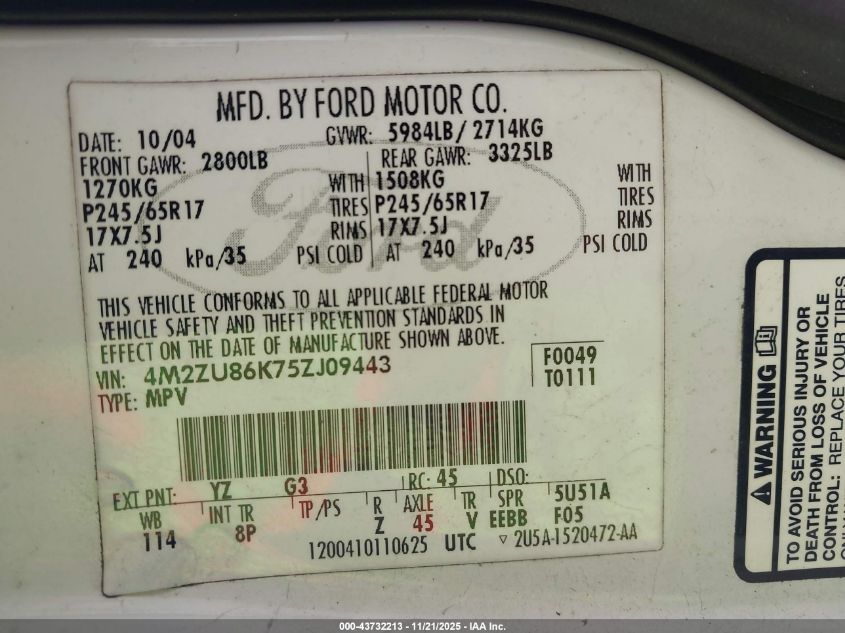 2005 Mercury Mountaineer VIN: 4M2ZU86K75ZJ09443 Lot: 43732213