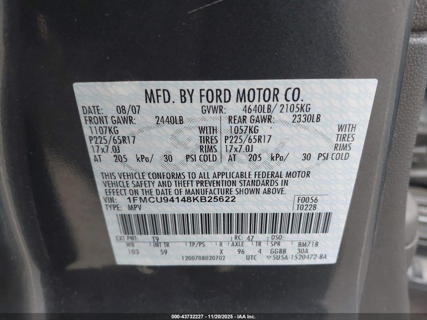 1FMCU94148KB25622 2008 FORD ESCAPE photo no. 9