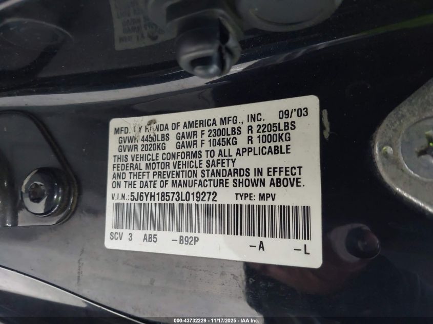 2003 Honda Element Ex VIN: 5J6YH18573L019272 Lot: 43732229