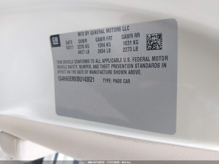 2011 Buick Lucerne Cx VIN: 1G4HA5EMXBU143621 Lot: 43732232