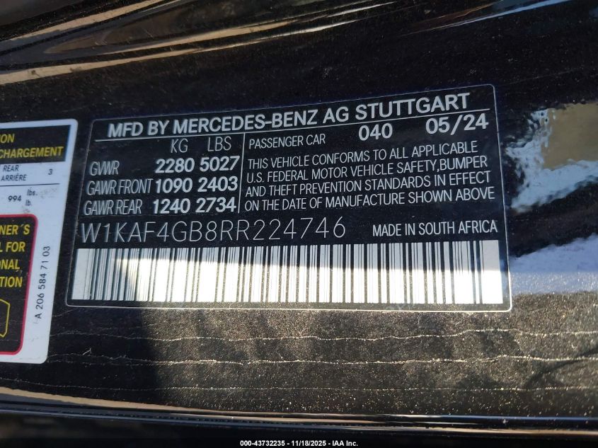 2024 Mercedes-Benz C 300 VIN: W1KAF4GB8RR224746 Lot: 43732235