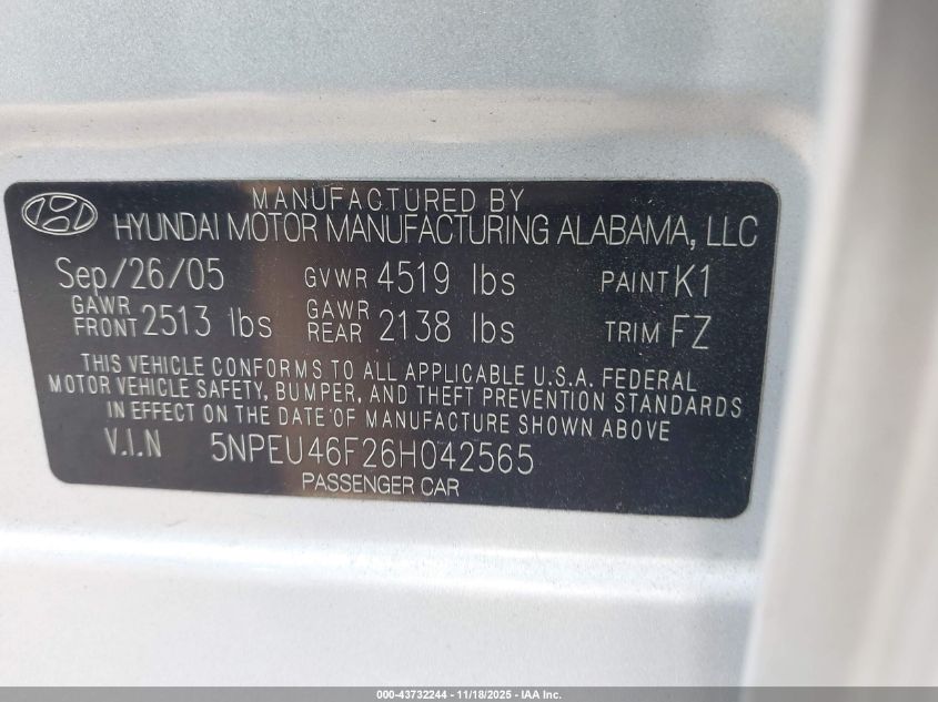 2006 Hyundai Sonata Gls V6/Lx V6 VIN: 5NPEU46F26H042565 Lot: 43732244