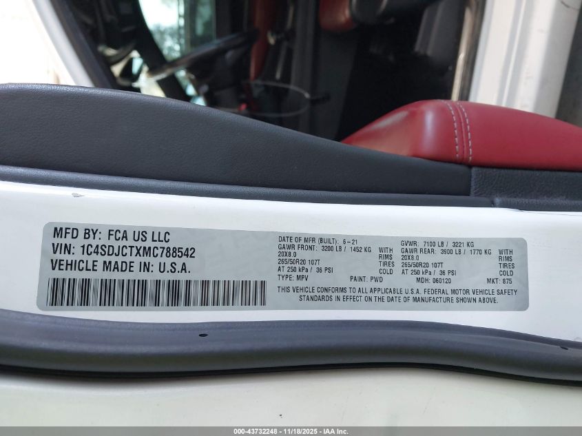 2021 Dodge Durango R/T Awd VIN: 1C4SDJCTXMC788542 Lot: 43732248