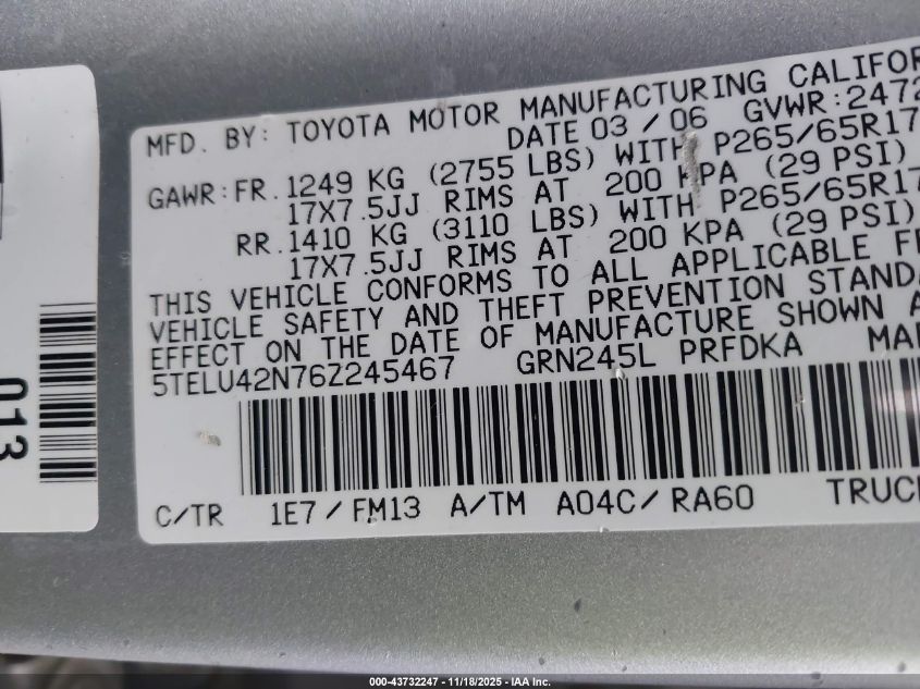 2006 Toyota Tacoma Base V6 VIN: 5TELU42N76Z245467 Lot: 43732247