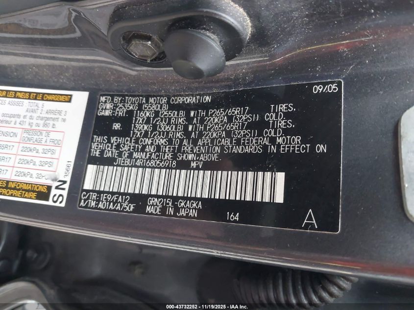 2006 Toyota 4Runner Sr5 V6 VIN: JTEBU14R168056918 Lot: 43732252