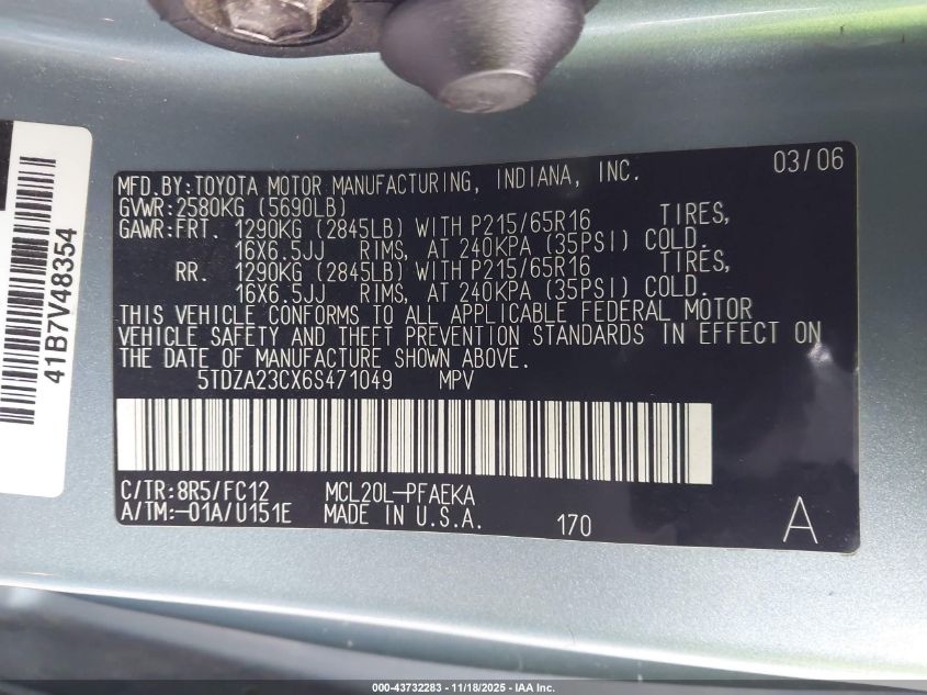 2006 Toyota Sienna Le VIN: 5TDZA23CX6S471049 Lot: 43732283