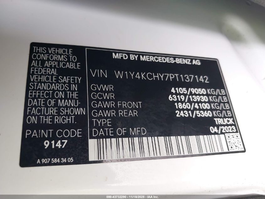 2023 Mercedes-Benz Sprinter 2500 High Roof 4-Cyl Diesel VIN: W1Y4KCHY7PT137142 Lot: 43732290