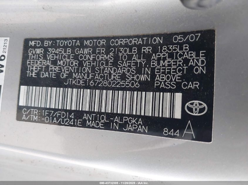 2008 Scion Tc VIN: JTKDE167280225506 Lot: 43732305