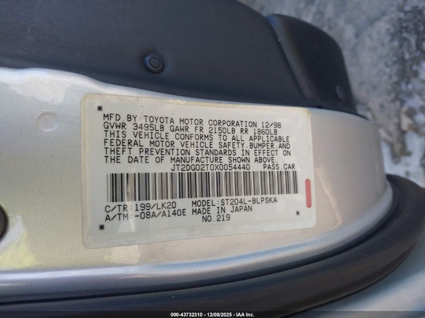 1999 Toyota Celica Gt VIN: JT2DG02T0X0054440 Lot: 43732310