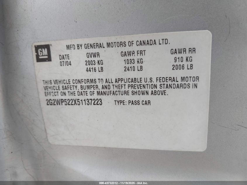 2005 Pontiac Grand Prix VIN: 2G2WP522X51137223 Lot: 43732312