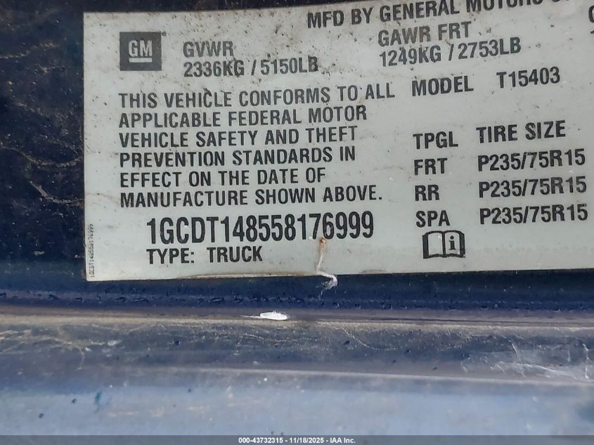 2005 Chevrolet Colorado VIN: 1GCDT148558176999 Lot: 43732315