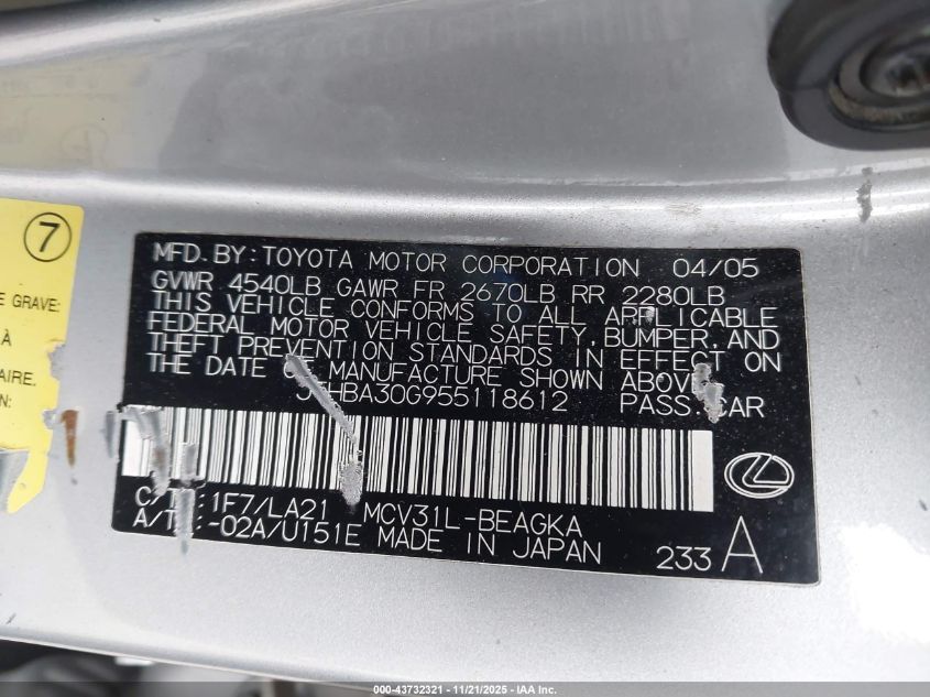 2005 Lexus Es 330 VIN: JTHBA30G955118612 Lot: 43732321