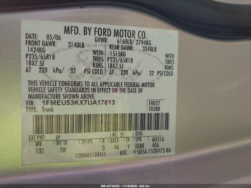2007 Ford Explorer Sport Trac Limited VIN: 1FMEU53KX7UA17813 Lot: 43732322