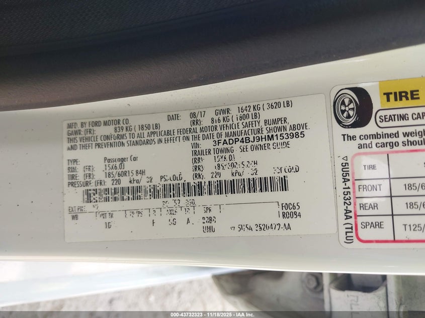 2017 Ford Fiesta Se VIN: 3FADP4BJ9HM153985 Lot: 43732323